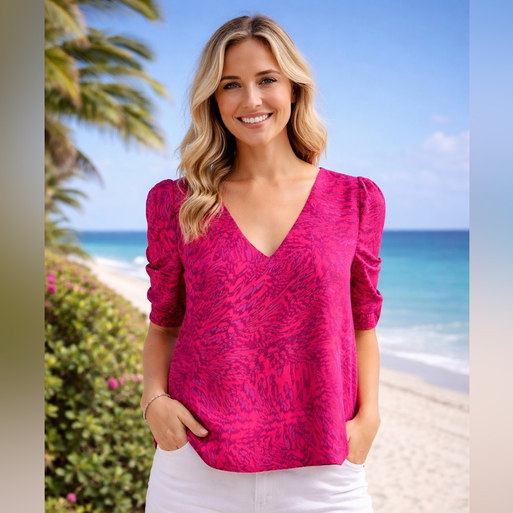 Adrienne Hot Pink Animal Print Puff Sleeve Blouse V-Neck Size Summer Top